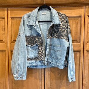 POL Leopard Print Patchwork Denim Jacket with Distressing in Size Medium